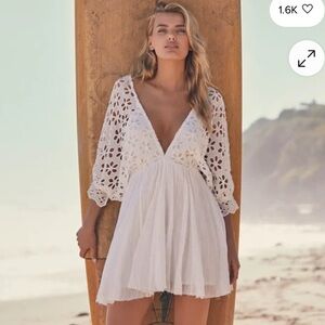 Free People Bella Note White Eyelet Mini Dress Boho Beachy